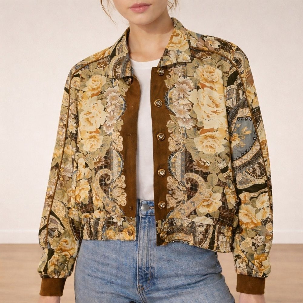 Vintage Howard Wolf Floral Paisley Bomber Jacket USA Chocolate Brown Gold Size 4